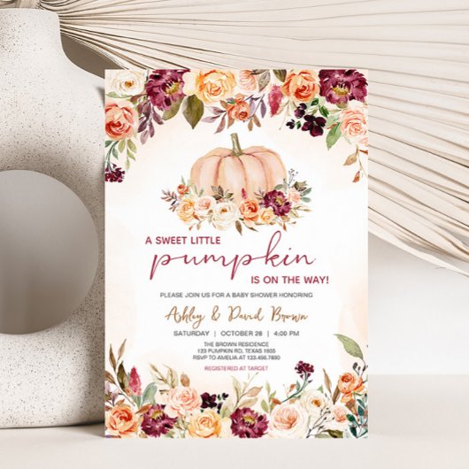 リトルカボチャフローラバーガンディーベビーシャワー 招待状