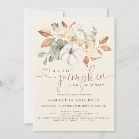 リトルカボチャフローラ水色ベビーガールシャワー 招待状 (正面)