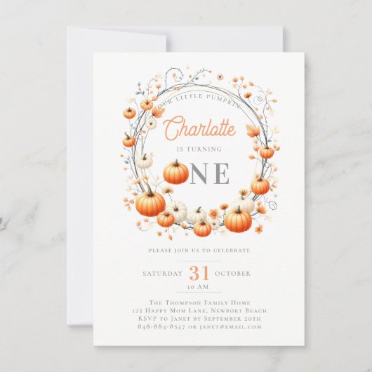 リトルカボチャリースガーリーフレーム1st誕生日 招待状 (正面)