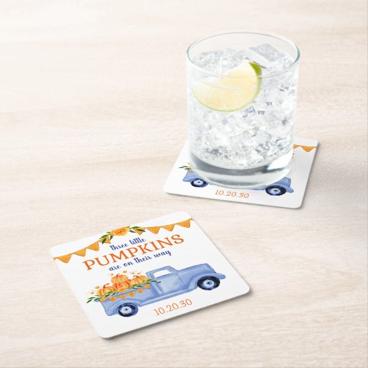 リトルカボチャ三連子ボーイベビーシャワー スクエアペーパーコースター (インサイチュ)