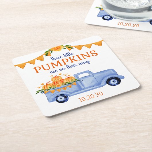 リトルカボチャ三連子ボーイベビーシャワー スクエアペーパーコースター (アングル)
