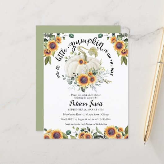 リトルカボチャ予算ベビーシャワー招待状 (正面/裏面インサイチュ)