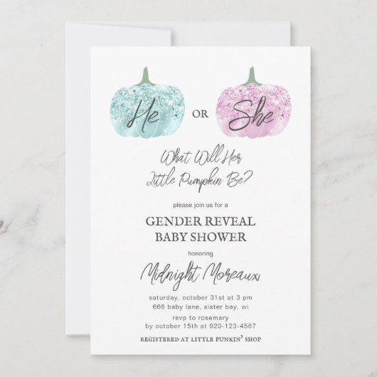 リトルカボチャ性別がハロウィーンの赤ちゃんシャワーを明らかにする 招待状 (正面)