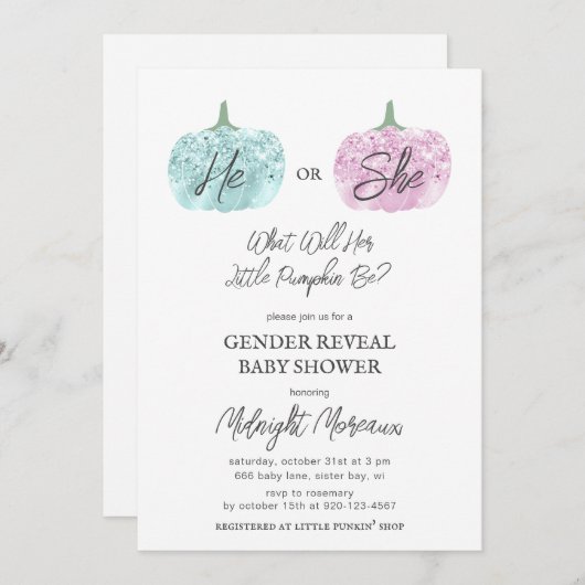 リトルカボチャ性別がハロウィーンの赤ちゃんシャワーを明らかにする 招待状 (正面/裏面)