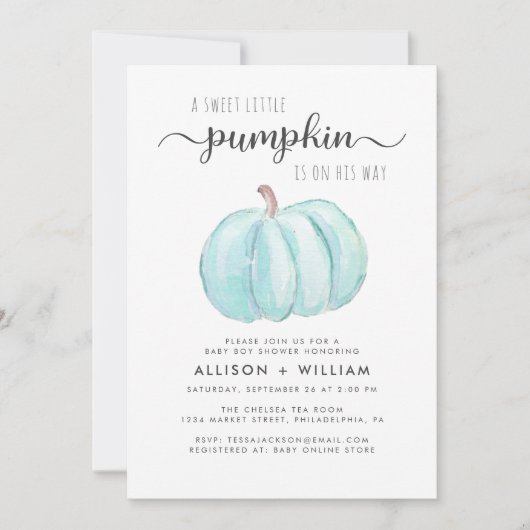 リトルカボチャ水カラー男の赤ちゃんカップルのシャワー 招待状 (正面)