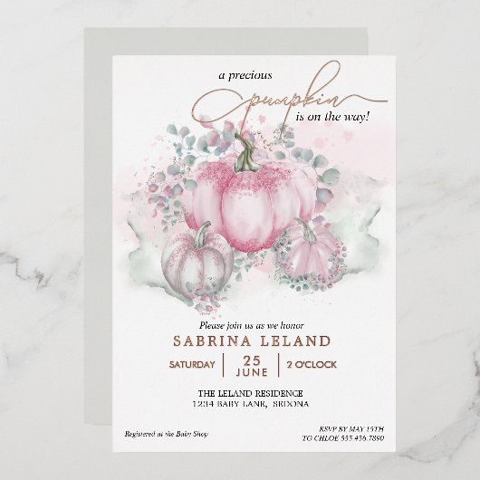 リトルカボチャ水彩ピンクガール赤ちゃんシャワー 箔招待状 (正面/裏面)