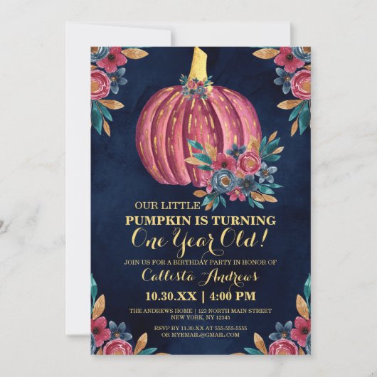 リトルカボチャ海軍フローラ水彩1st誕生日 招待状 (正面)