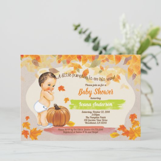 リトルカボチャ男の赤ちゃんシャワーヴィンテージ秋 招待状 (スタンド正面)