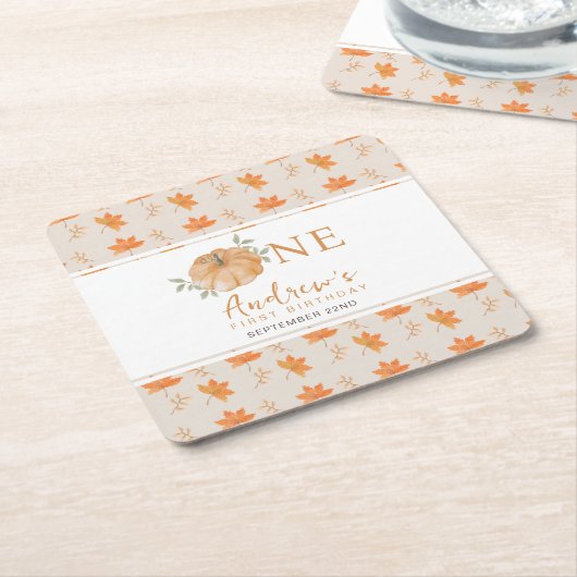 リトルカボチャ秋の葉の秋最初の1番目の誕生日 スクエアペーパーコースター (アングル)