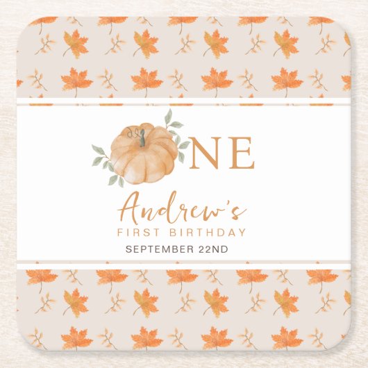 リトルカボチャ秋の葉の秋最初の1番目の誕生日 スクエアペーパーコースター (正面)