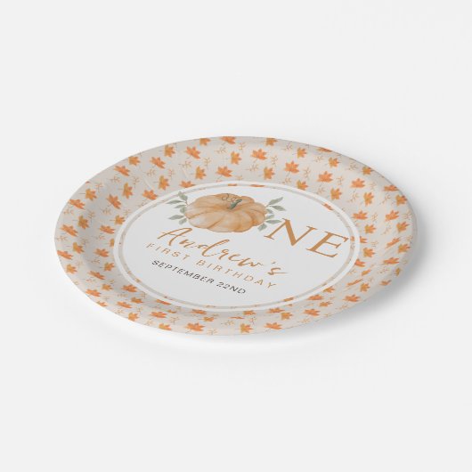 リトルカボチャ秋の葉の秋最初の1番目の誕生日 ペーパープレート (アングル)