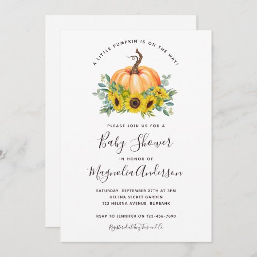 リトルカボチャ秋ひまわり赤ちゃんシャワー 招待状 (正面/裏面)