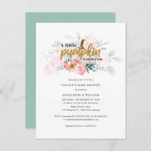 リトルカボチャ秋カップル赤ちゃんシャワーピンクフローラ 招待状 (正面/裏面)