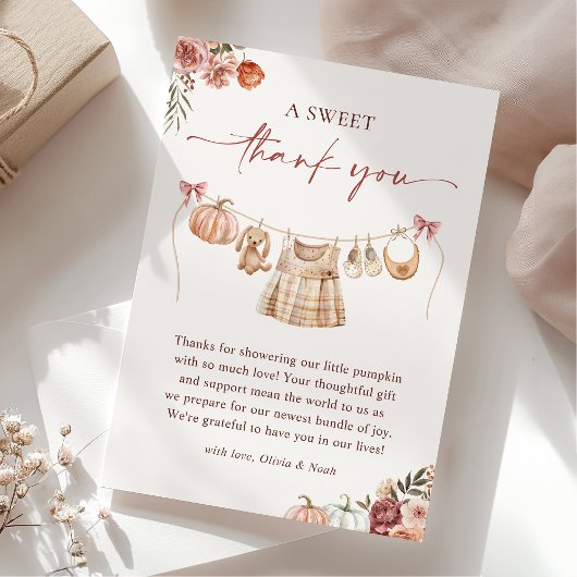 リトルカボチャ秋ピンクフローラガールベビーシャワー サンキューカード