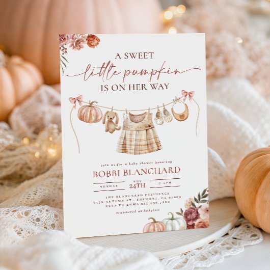 リトルカボチャ秋ピンクフローラガールベビーシャワー 招待状