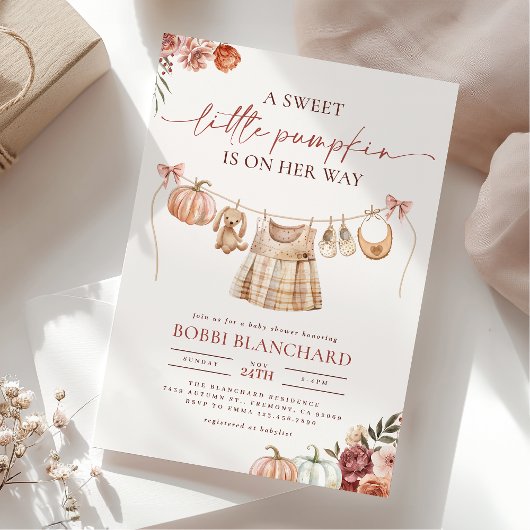 リトルカボチャ秋ピンクフローラガールベビーシャワー 招待状
