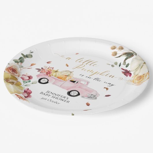 リトルカボチャ秋ピンクヴィンテージトラック赤ちゃんシャワー ペーパープレート (アングル)