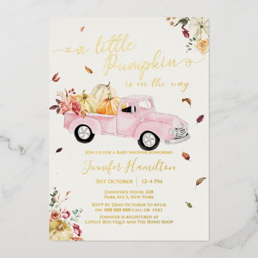 リトルカボチャ秋ピンクヴィンテージトラック赤ちゃんシャワー 箔招待状 (正面)