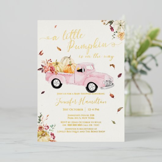 リトルカボチャ秋ピンクヴィンテージトラック赤ちゃんシャワー 箔招待状 (立ち正面)