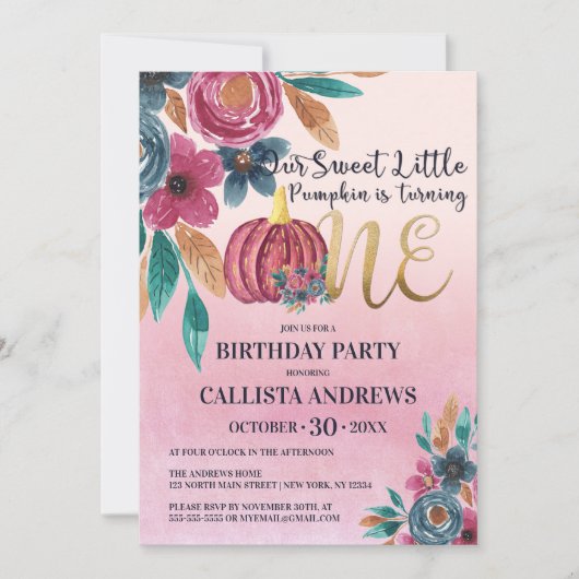 リトルカボチャ秋ピンク金ゴールドフローラ1st誕生日 招待状 (正面)