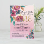 リトルカボチャ秋ピンク金ゴールドフローラ1st誕生日 招待状 (スタンド正面)