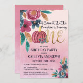リトルカボチャ秋ピンク金ゴールドフローラ1st誕生日 招待状 (正面/裏面)