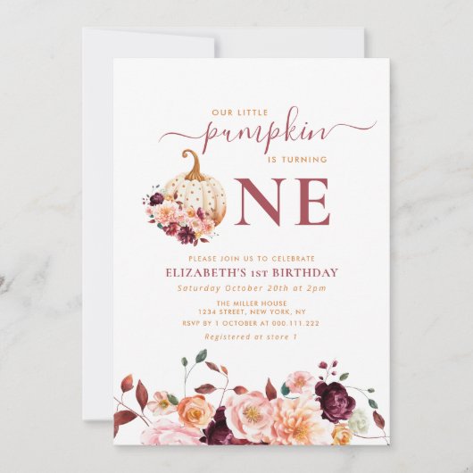 リトルカボチャ秋フローラの最初の誕生日 招待状 (正面)