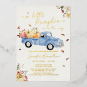 リトルカボチャ秋ブルーヴィンテージトラックベビーシャワー 箔招待状 (正面)
