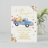 リトルカボチャ秋ブルーヴィンテージトラックベビーシャワー 箔招待状 (立ち正面)