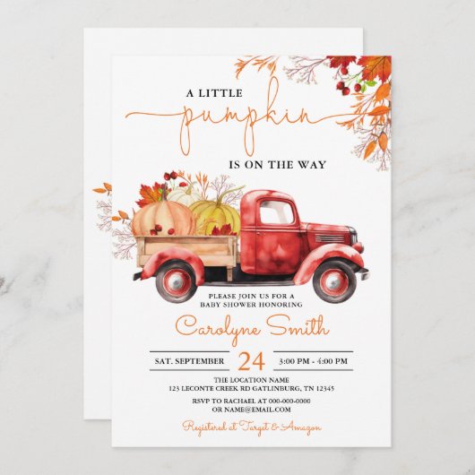 リトルカボチャ秋レッドトラックベビーシャワー 招待状 (正面/裏面)