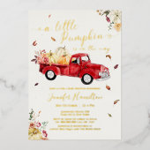 リトルカボチャ秋レッドヴィンテージトラックベビーシャワー 箔招待状 (正面)