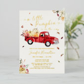 リトルカボチャ秋レッドヴィンテージトラックベビーシャワー 箔招待状 (立ち正面)
