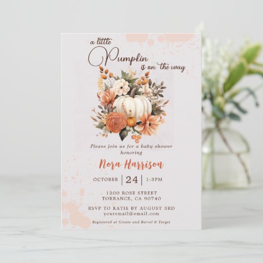 リトルカボチャ秋ワイルドフラワーパターンベビーシャワー 招待状 (スタンド正面)