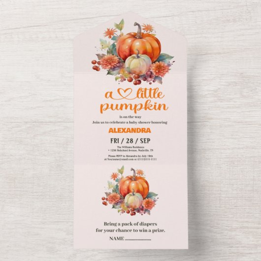 リトルカボチャ秋水カラーフローラベビーシャワー オールインワン招待状 (内側)
