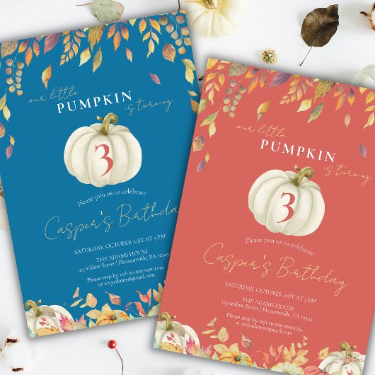 リトルカボチャ秋誕生日ウォーターカラーブルー 招待状