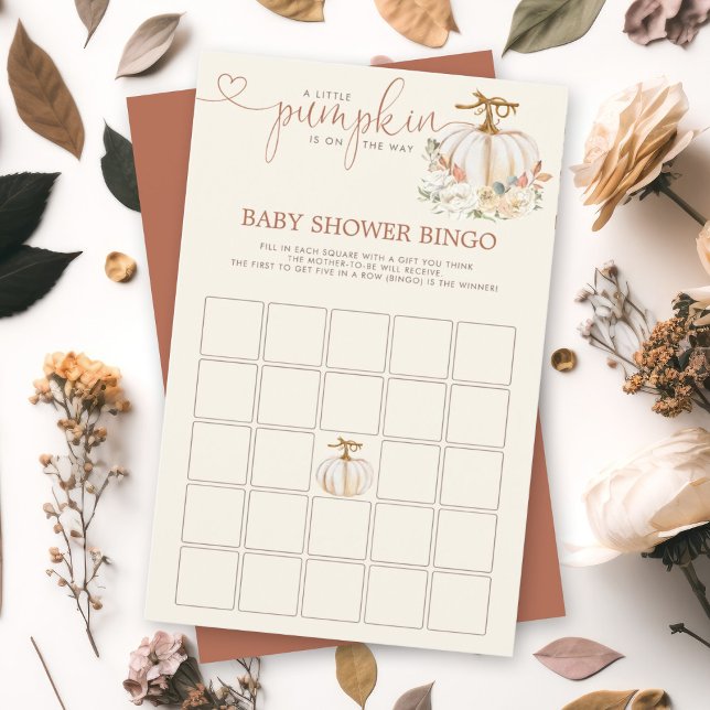 リトルカボチャ素朴ビンゴシャワーゲーム (A soon-to-be mom will love this watercolor autumn pumpkin floral design bingo baby shower card.)