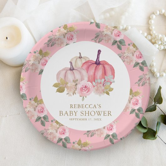 リトルカボチャ素朴ピンク金ゴールドフローラ赤ちゃんシャワー ペーパープレート