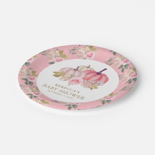 リトルカボチャ素朴ピンク金ゴールドフローラ赤ちゃんシャワー ペーパープレート (アングル)