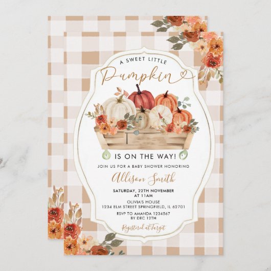 リトルカボチャ素朴フローラギンガムベビーシャワー 招待状 (正面/裏面)