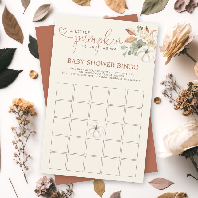 リトルカボチャ素朴フローラビンゴシャワーゲーム (A soon-to-be mom will love this watercolor autumn pumpkin floral design bingo baby shower card.)