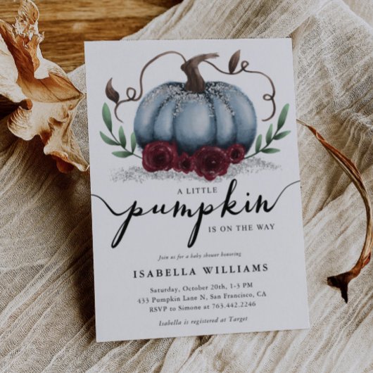 リトルカボチャ素朴ブルーシルバー赤ちゃんシャワー 招待状