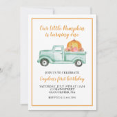 リトルカボチャ緑のトラックとプレイド1歳の誕生日 招待状 (正面)