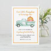 リトルカボチャ緑のトラックとプレイド1歳の誕生日 招待状 (スタンド正面)