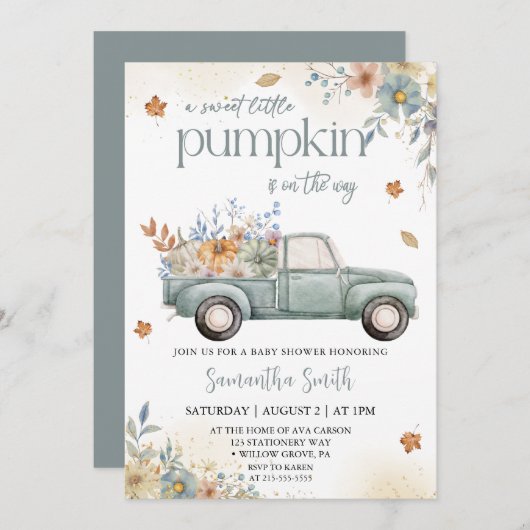 リトルカボチャ緑トラック秋秋の赤ちゃんシャワー 招待状 (正面/裏面)