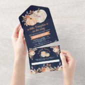 リトルカボチャ自然フローラネイビーブルーベビーシャワー オールインワン招待状 (貼ってはがせる)