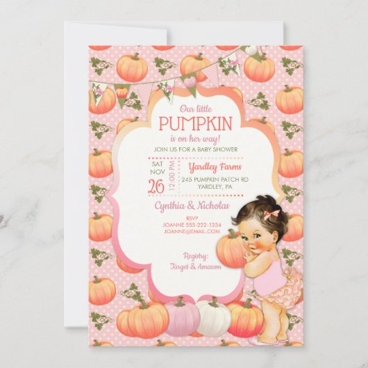 リトルカボチャ赤ちゃんガールシャワーライトブルネット 招待状 (正面)