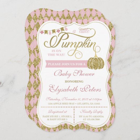 リトルカボチャ赤ちゃんシャワー招待状フェイク、金ゴールド 招待状 (正面/裏面)