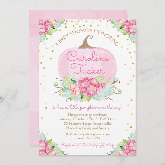 リトルカボチャ赤ちゃんシャワー水色ピンク金ゴールド 招待状 (正面/裏面)