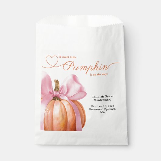 リトルカボチャ赤ちゃんシャワー – ピンクボウ秋 フェイバーバッグ (正面)