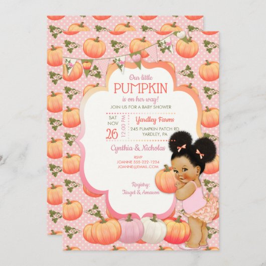 リトルカボチャ赤ちゃん女の子シャワーミディアムパフ 招待状 (正面/裏面)